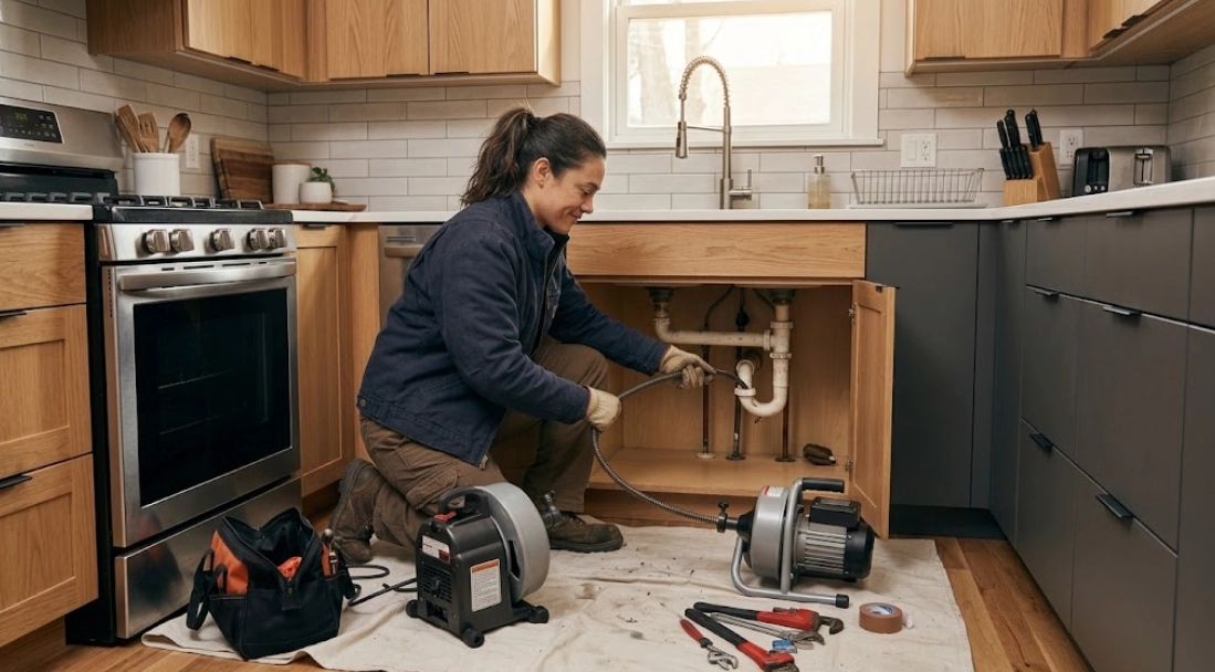 Plumbing technician performing professional drain cleaning on residential kitchen sink waste line