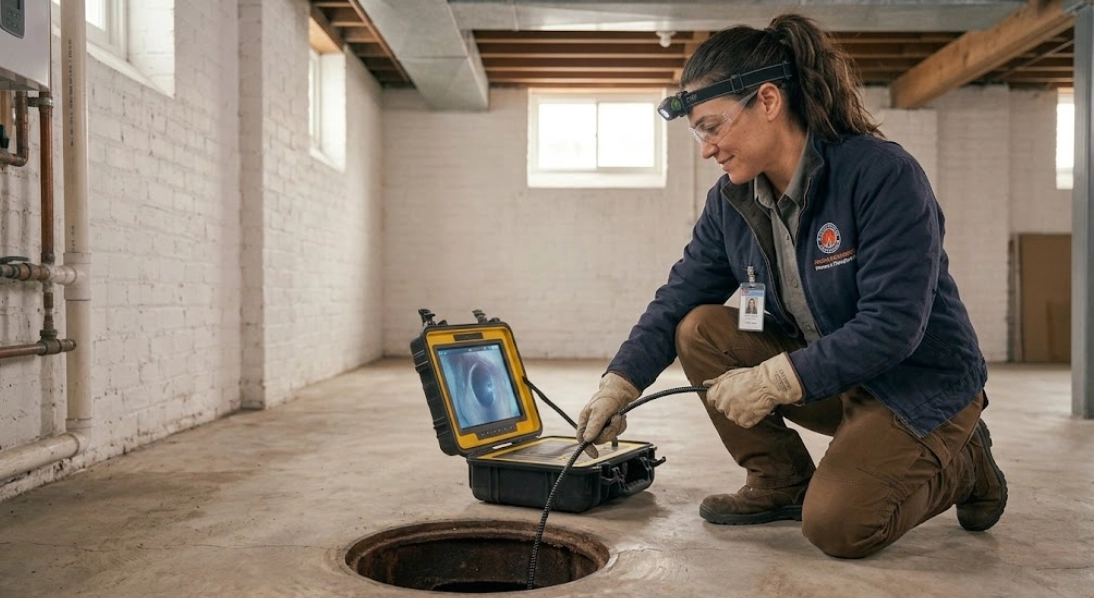 Plumbing specialist operating video sewer camera inspection monitor for main line diagnostic evaluation in Mount Hope Bronx